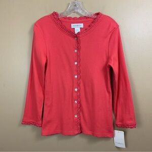 Susan Bristol Top Womens Medium Pink Embroidered Scalloped Bead Trim Button Up